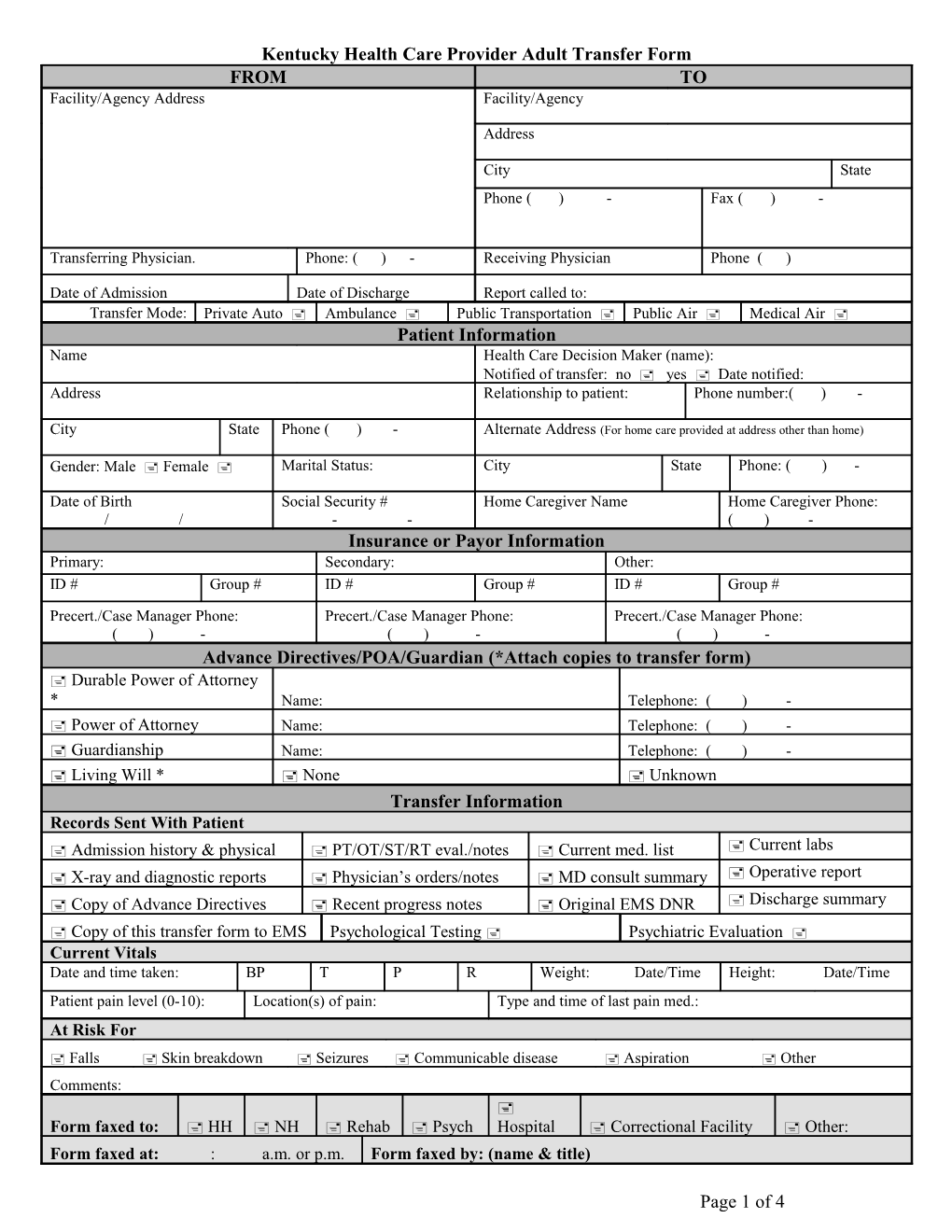 Kentucky Health Care Provider Adult Transfer Form