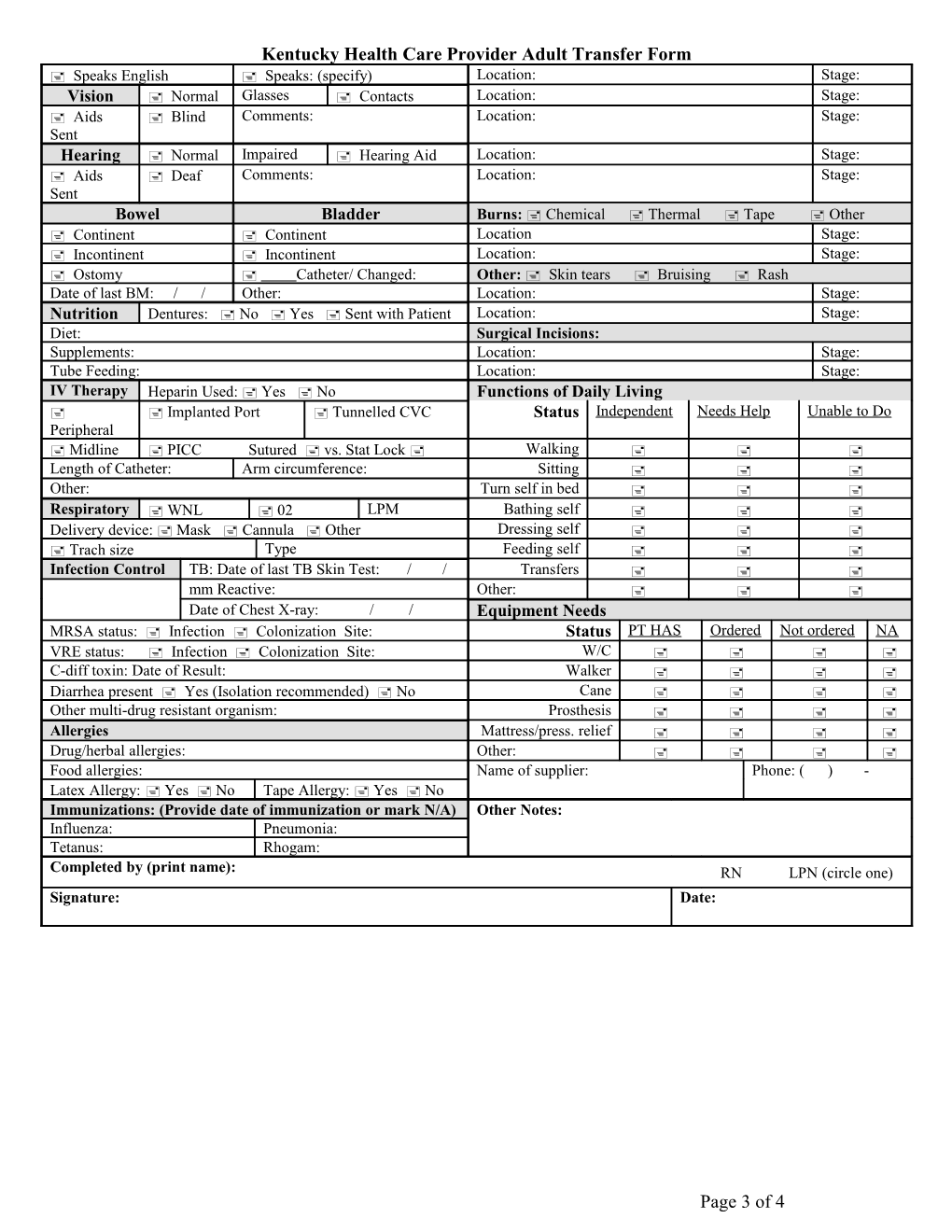 Kentucky Health Care Provider Adult Transfer Form