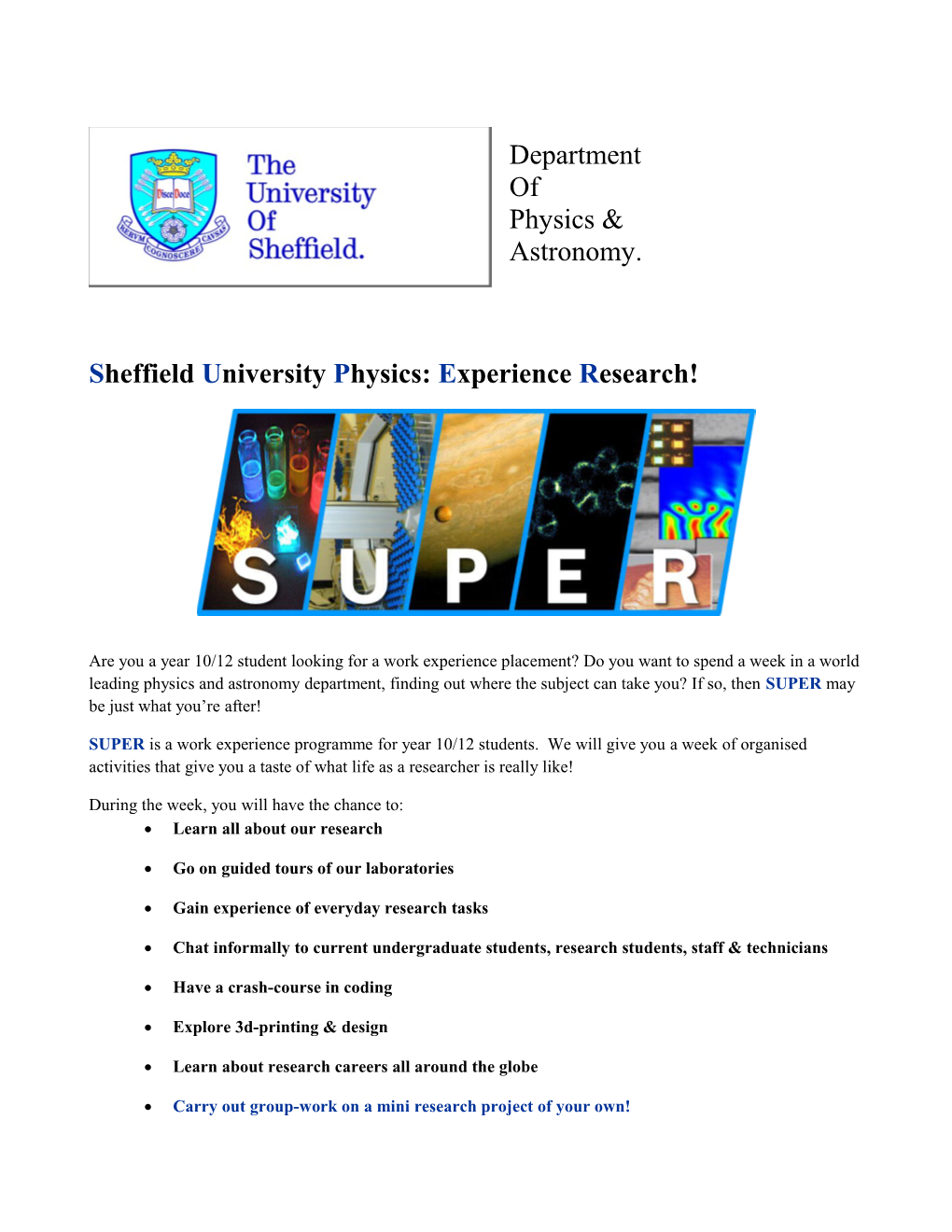 Sheffield University Physics: Experience Research!