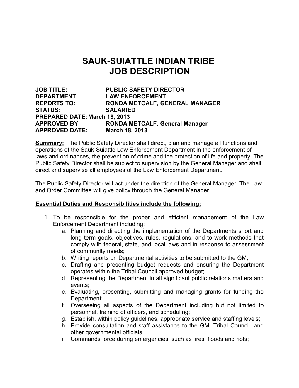 Sauk-Suiattle Indian Tribe Job Description