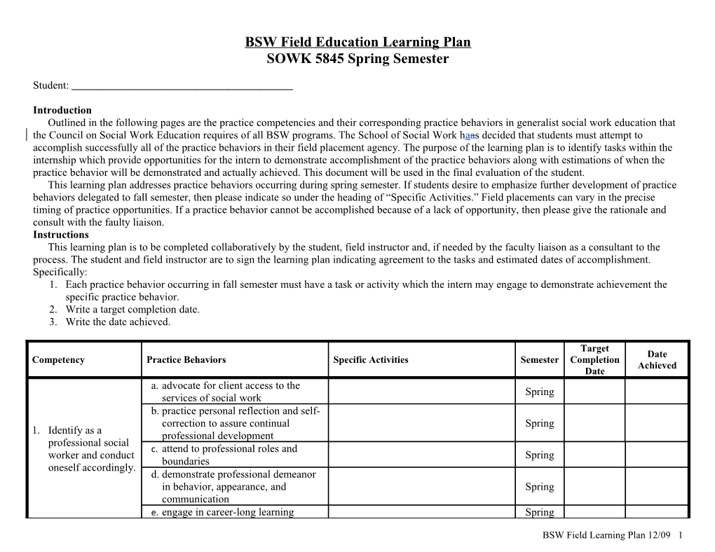 BSW Field Education Learning Plan