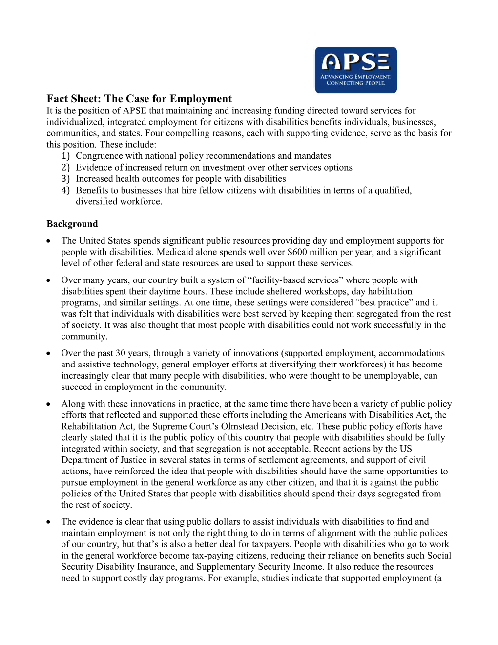 Fact Sheet: the Case for Employment