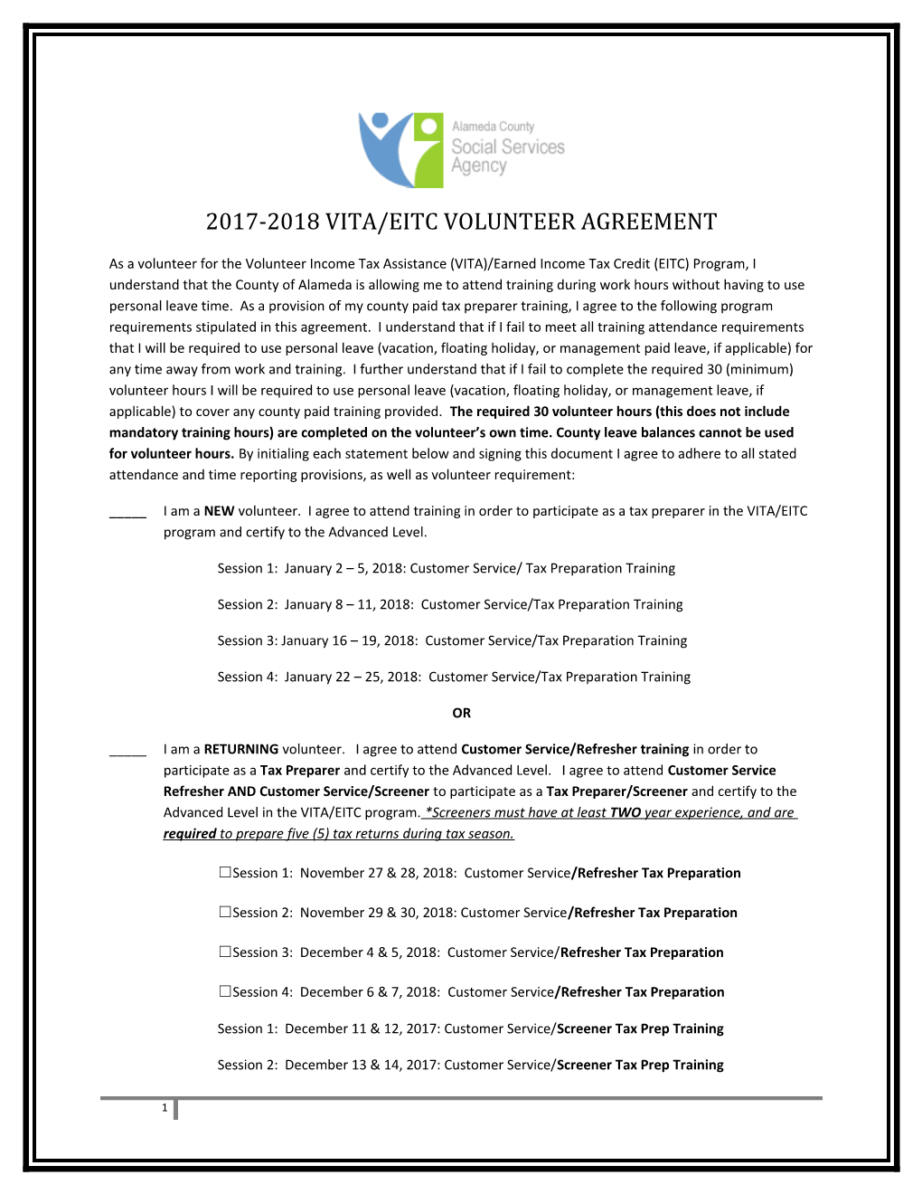2017-2018 Vita/Eitc Volunteer Agreement
