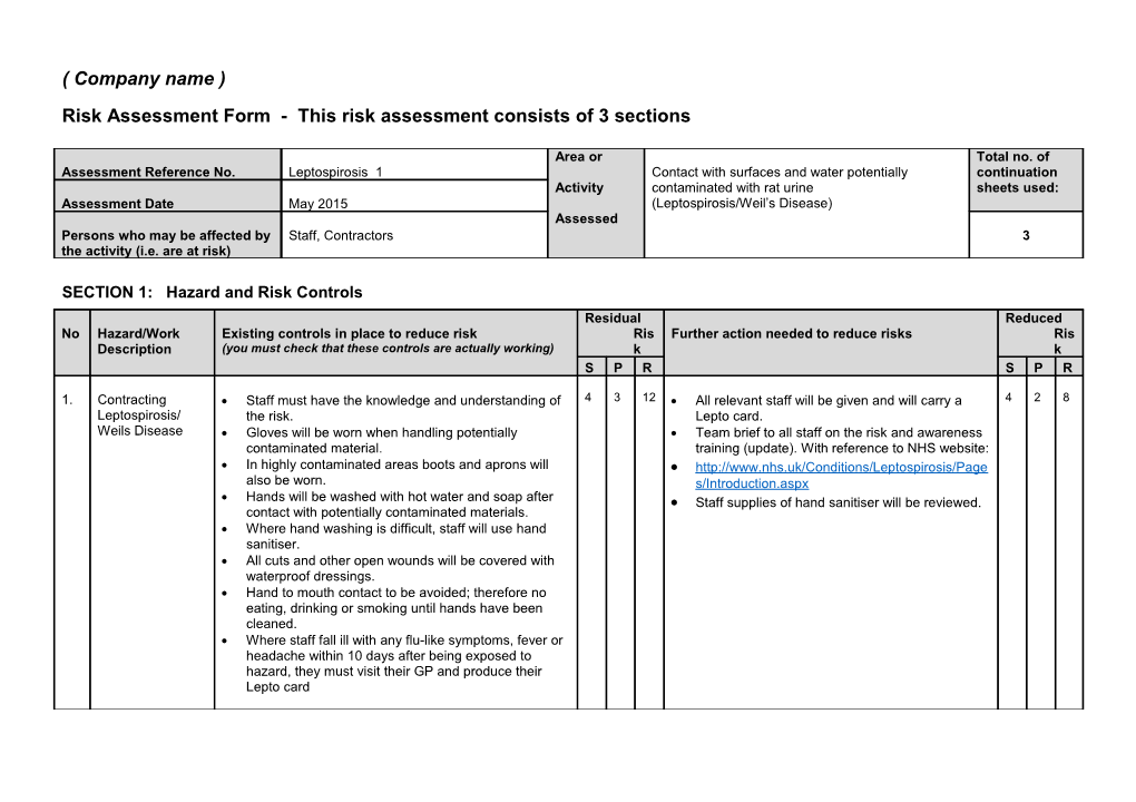 Risk Assessment Form - This Risk Assessment Consists of 3 Sections