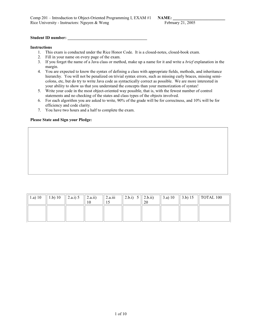 Comp 201 Introduction to Object-Oriented Programming I, EXAM #1 NAME: ______