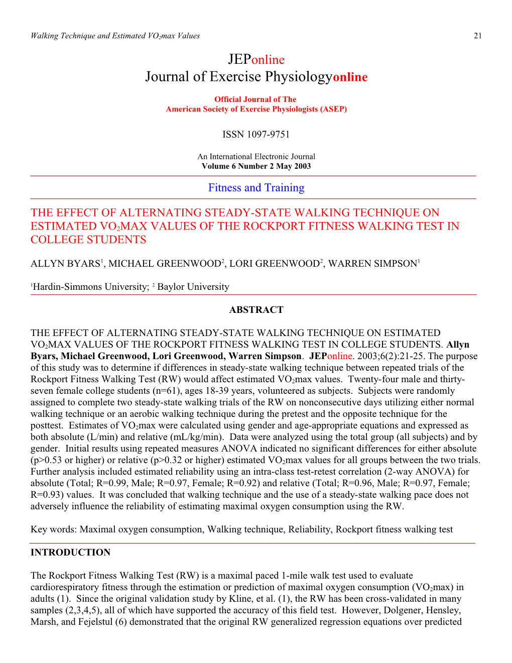 Walking Technique and Estimated Vo2max Values