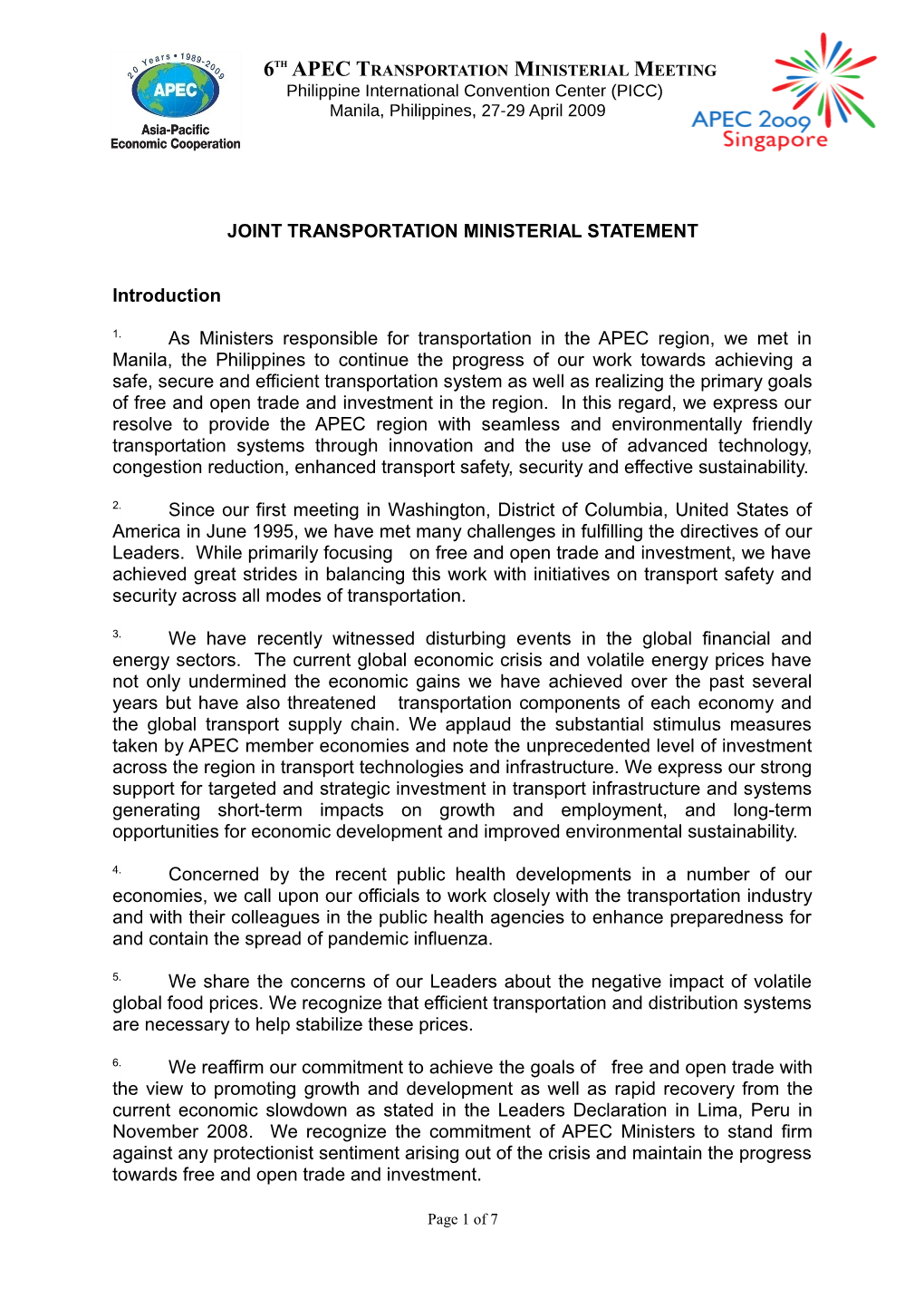 Draft Joint Transportation Ministerial Statement