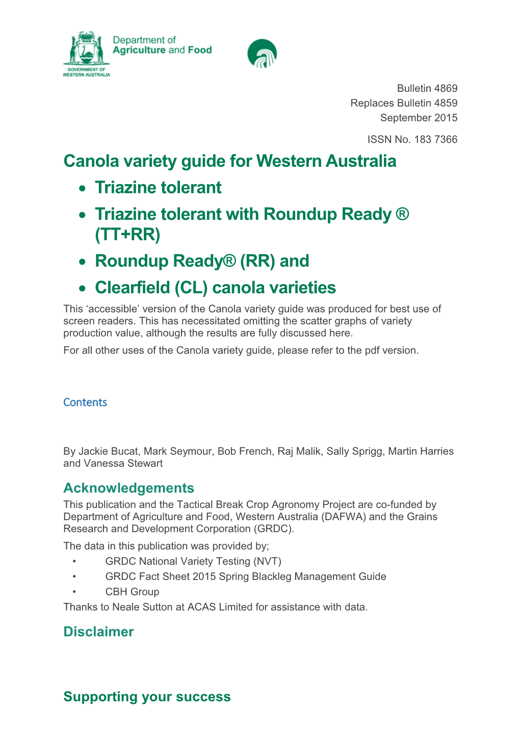 Canola Variety Guide for Western Australia