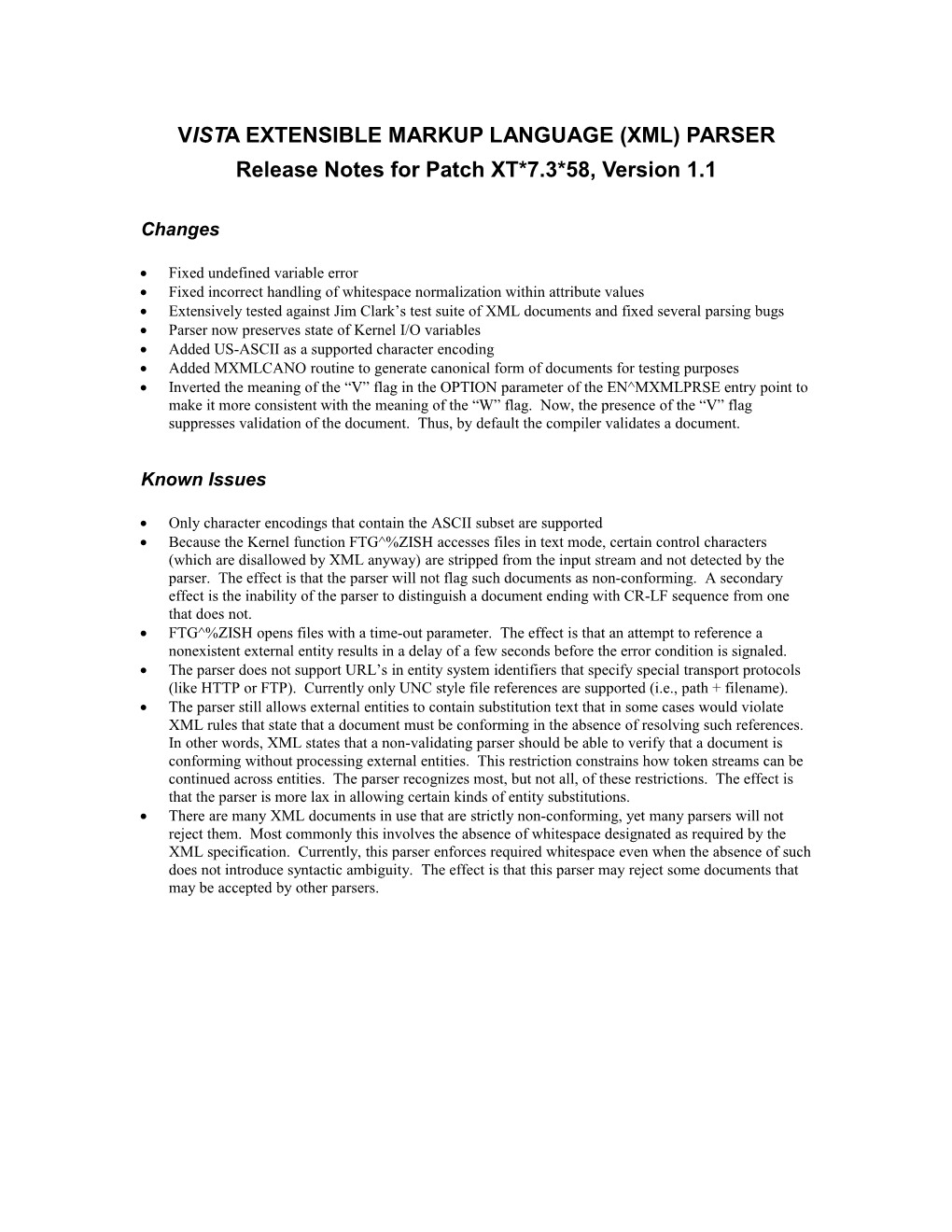 Release Notes for M XML Parser Version 1