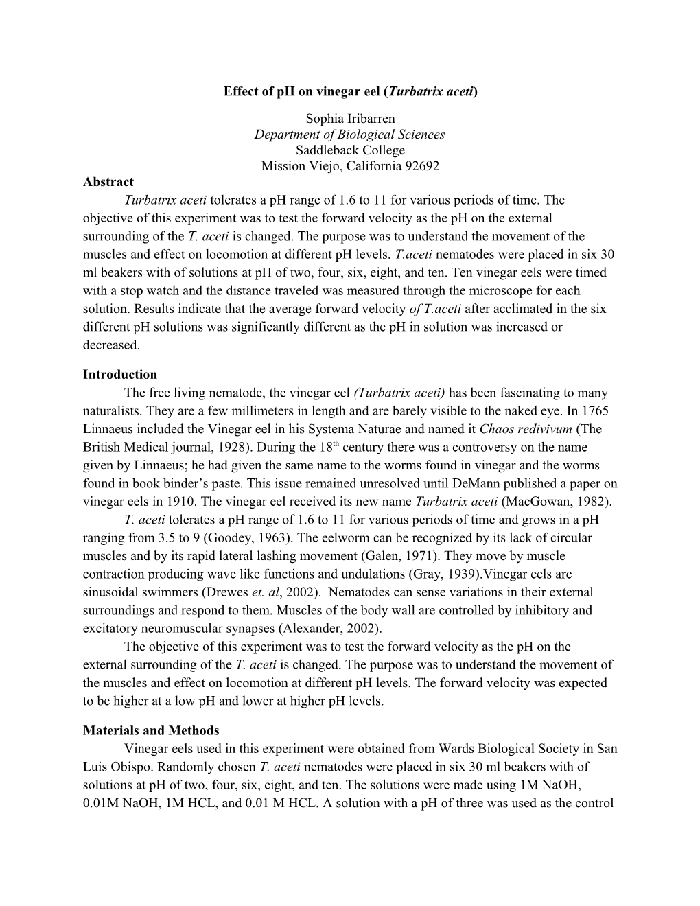 Effect of Ph on Vinegar Eel (Turbatrix Aceti)