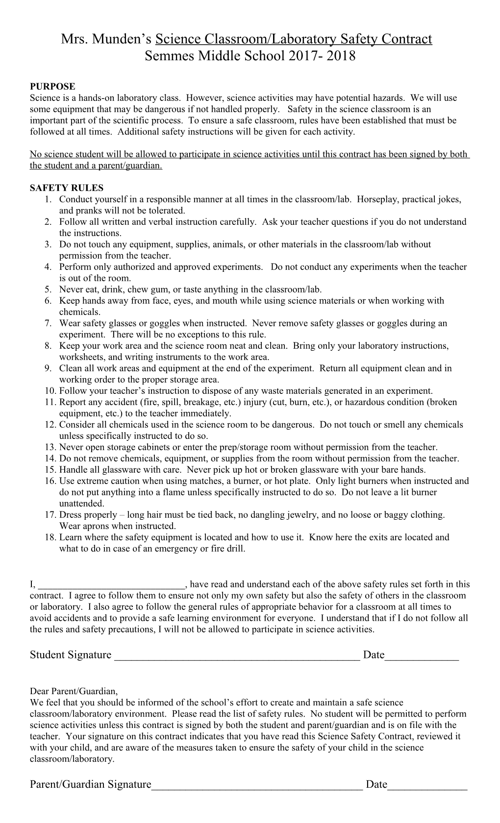 Van Middle School Science Safety Contract