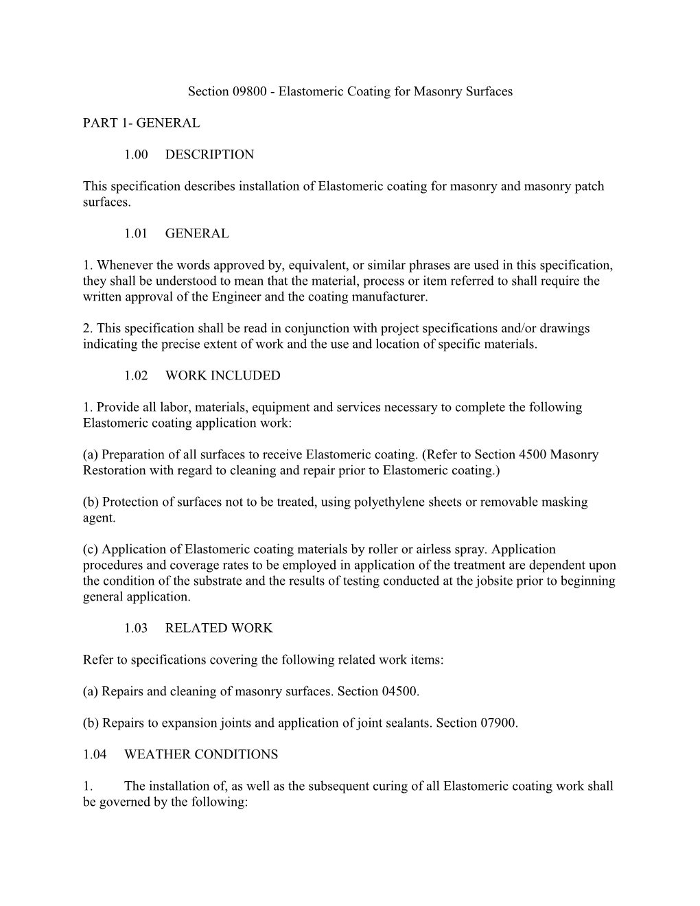 Section 09800 Elastomeric Coating for Masonry Surfaces