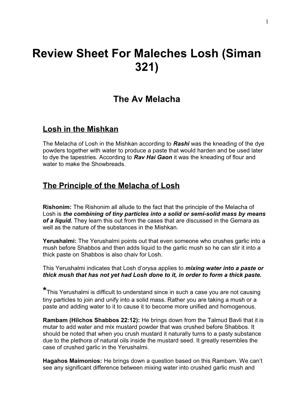 Review Sheet for Maleches Losh (Siman 321)