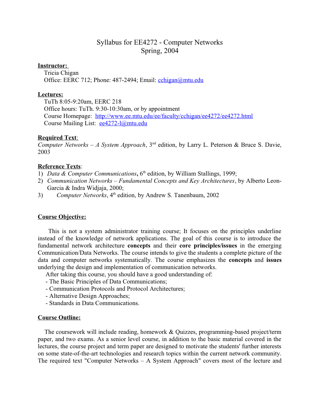 Syllabus for EE4272 - Computer Networks