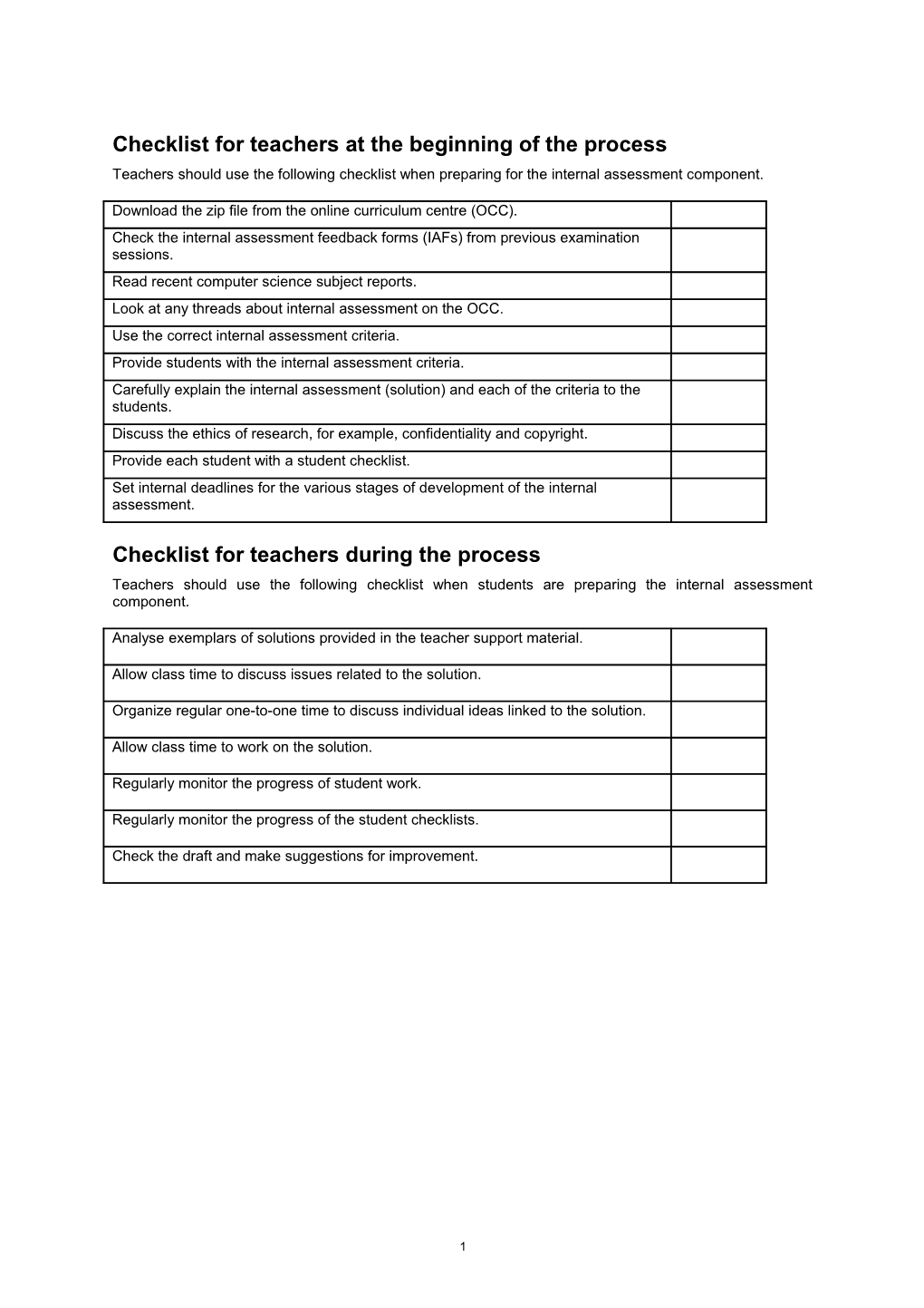 Checklist for Teachers at the Beginning of the Process