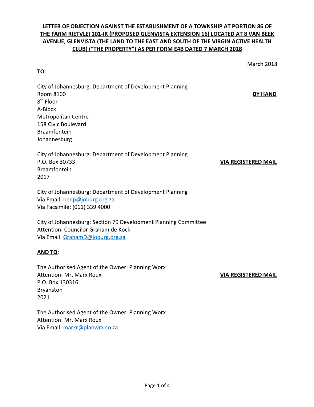 City of Johannesburg: Department of Development Planning