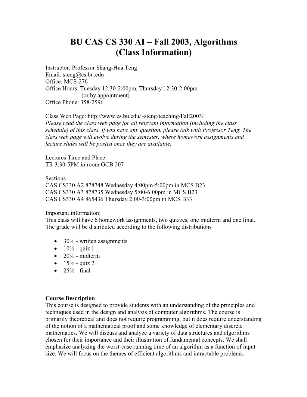 BU CAS CS 330 AI Fall 2003, Algorithms