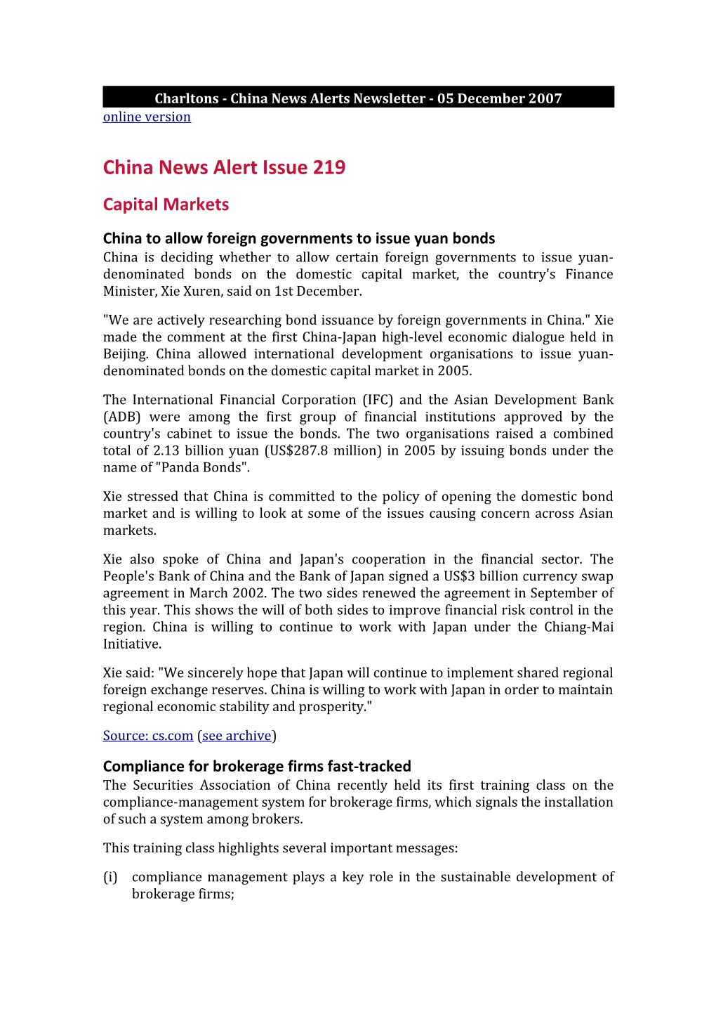 Charltons - China News Alerts Newsletter - 05 December 2007