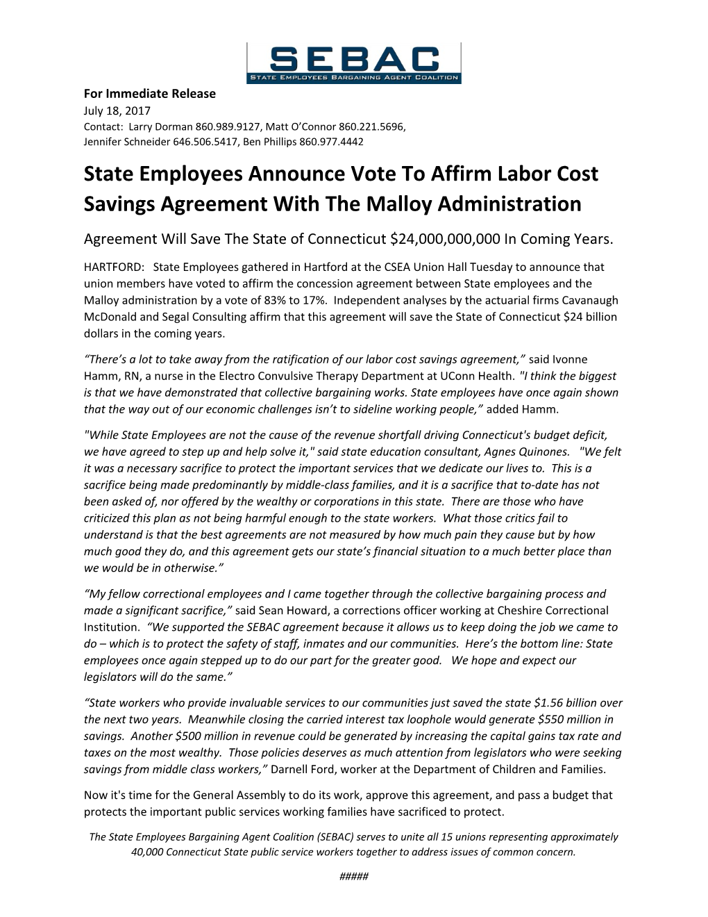 State Employees Announce Vote to Affirm Labor Cost Savings Agreement with the Malloy
