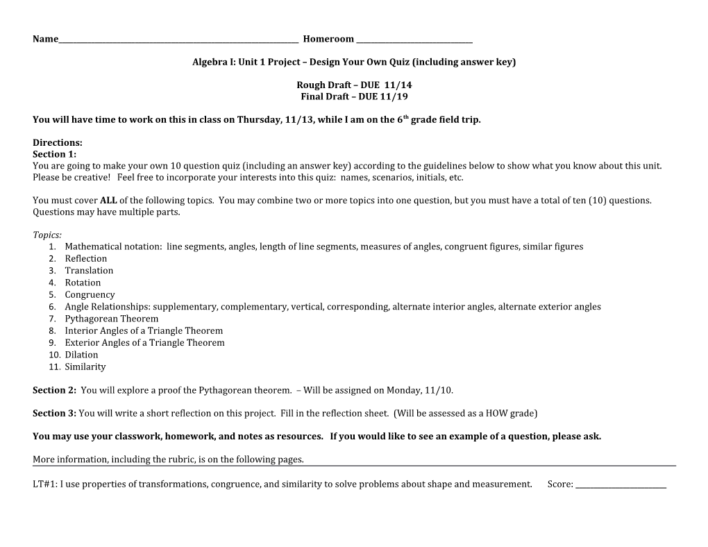 Algebra I: Unit 1 Project Design Your Own Quiz (Including Answer Key)