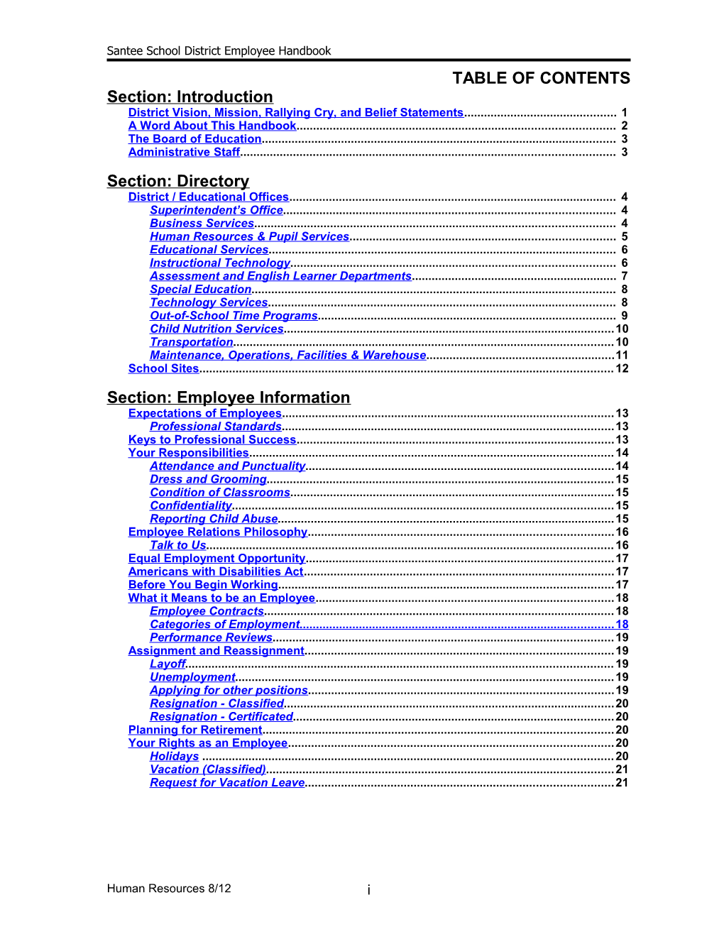 Employee Handbook Table of Contents