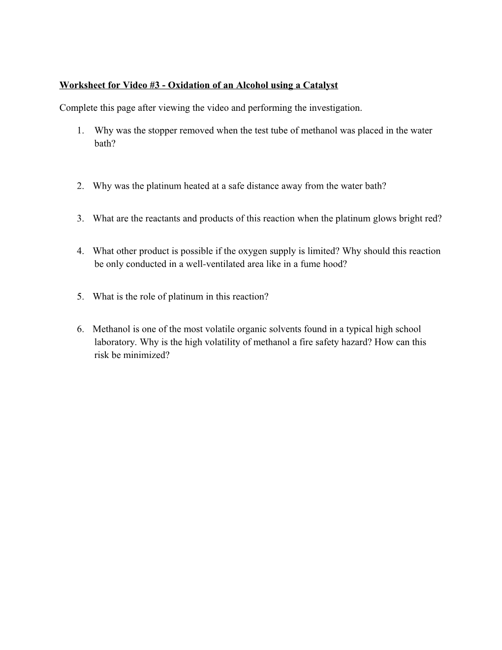 Worksheet for Video #3 - Oxidation of an Alcohol Using a Catalyst