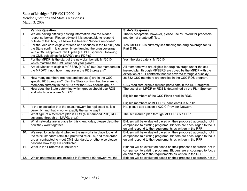 Vendor Questions and State S Responses