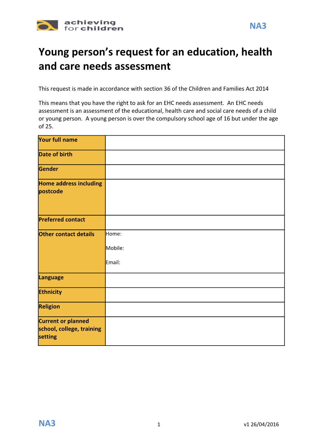 Young Person S Request for an Education, Health and Care Needs Assessment