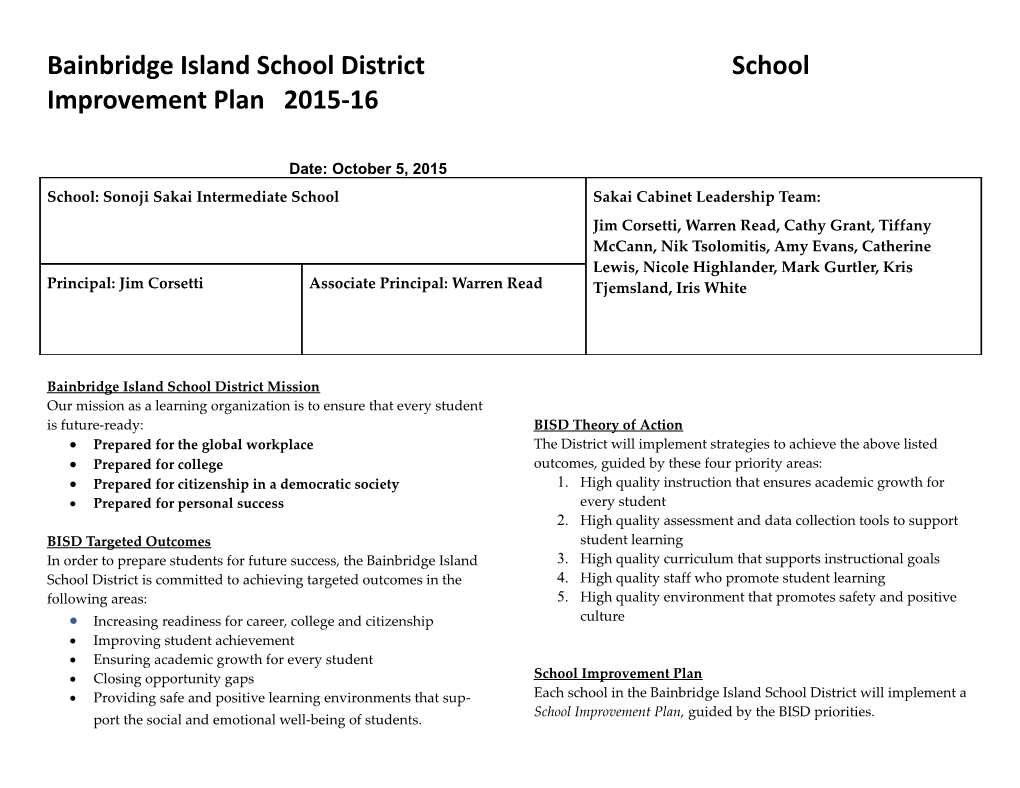 Bainbridge Island School District School Improvement Plan 2015-16