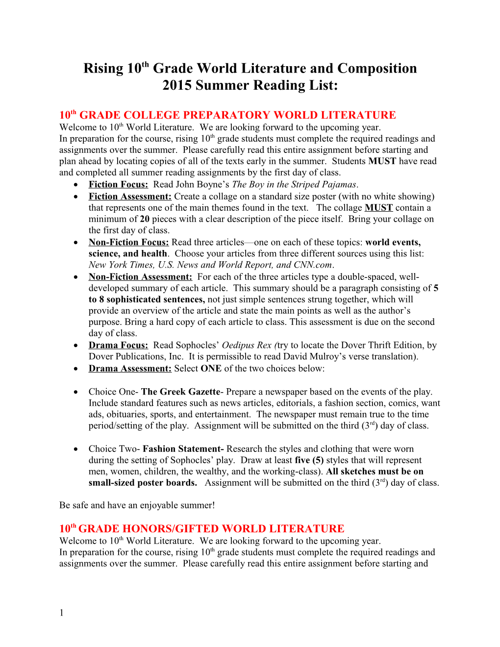 Rising 10Thgrade World Literature and Composition 2015 Summer Reading List