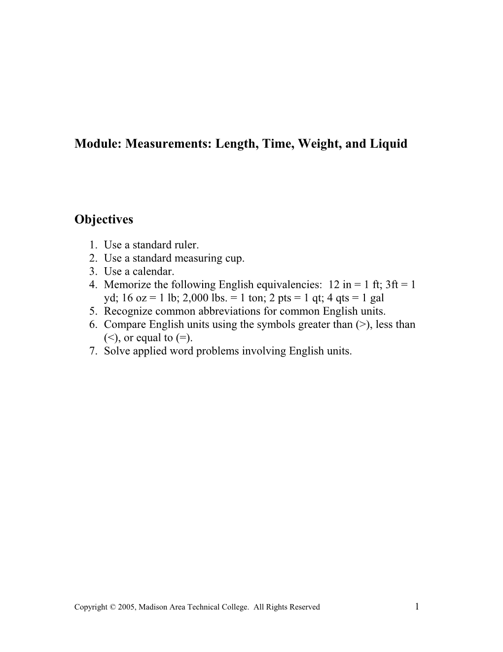 Module: Measurements: Length, Time, Weight, and Liquid
