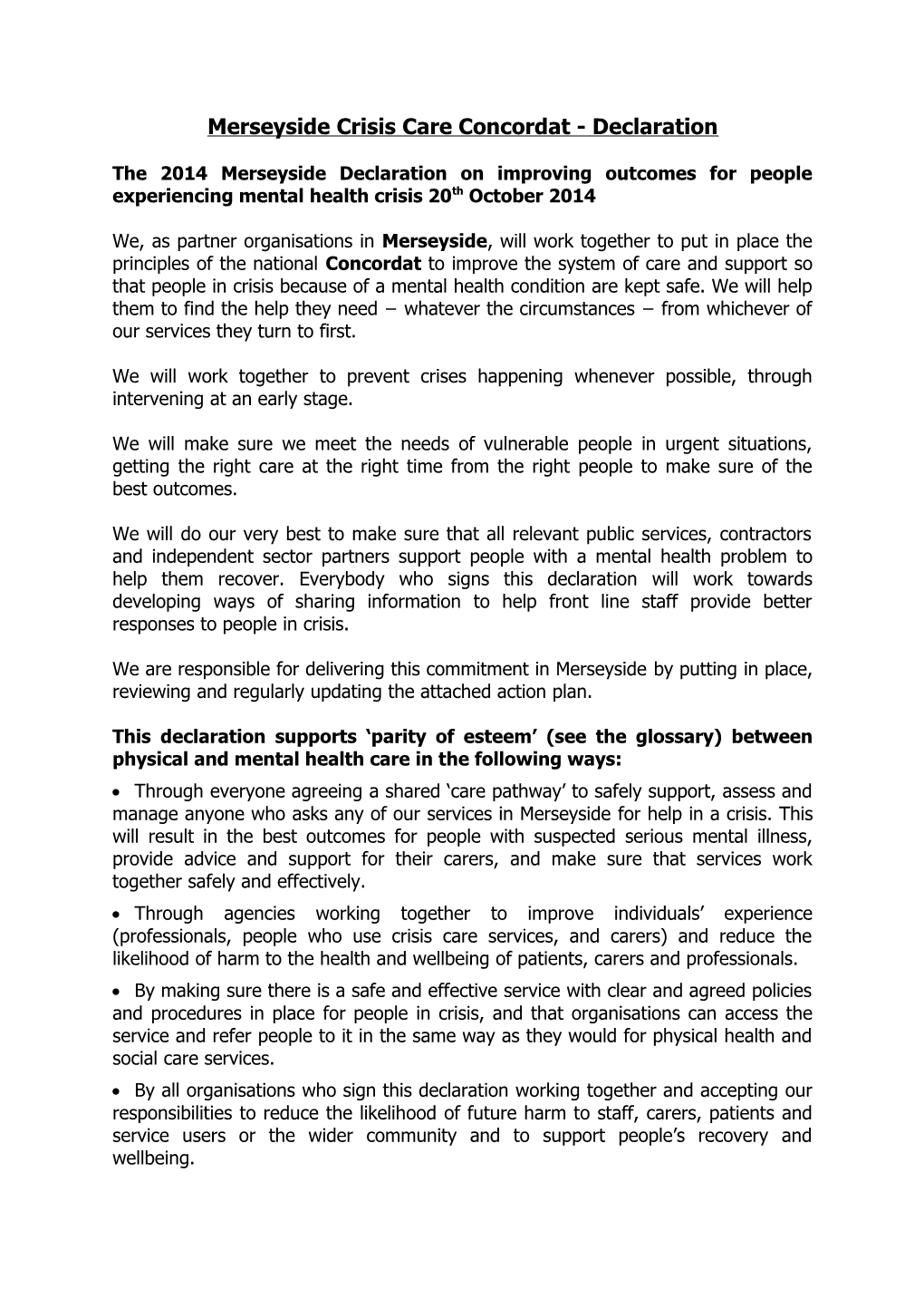 Merseyside Crisis Care Concordat - Declaration