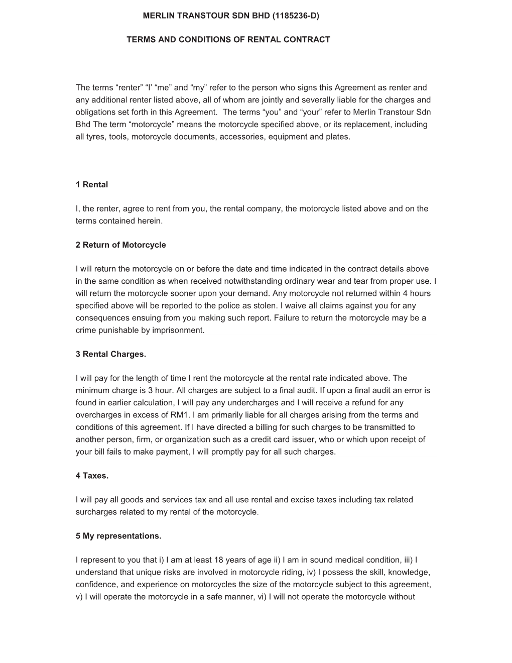 Conditions and Terms of Rental Contract