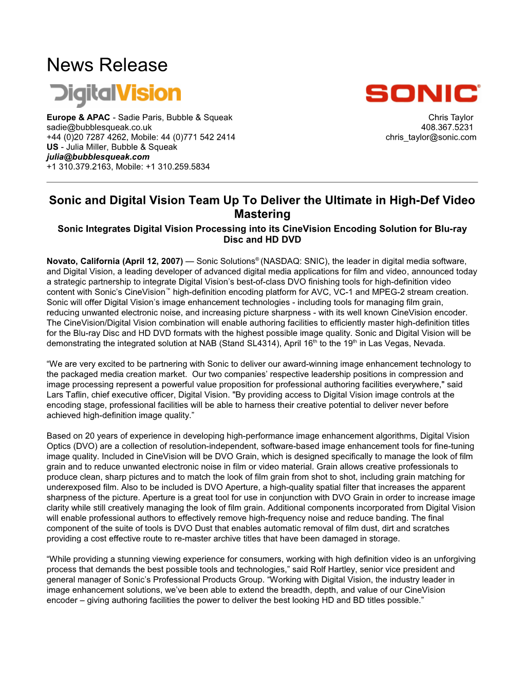 Sonic and Digital Vision Team up to Deliver the Ultimate in High-Def Video Mastering