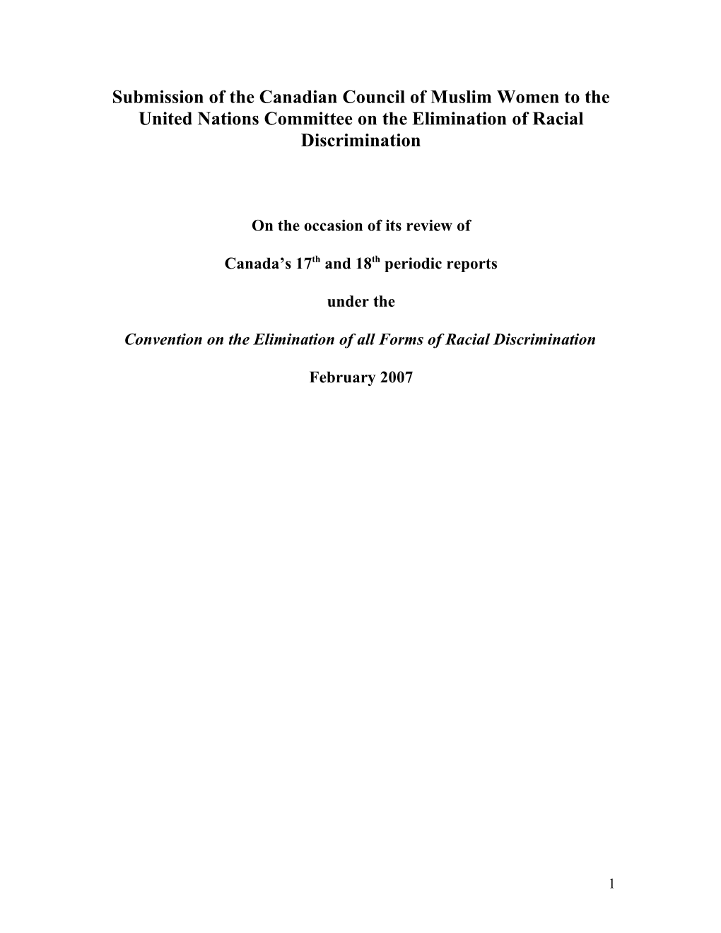 Submission of the Canadian Council of Muslim Women to the United Nations Committee on The