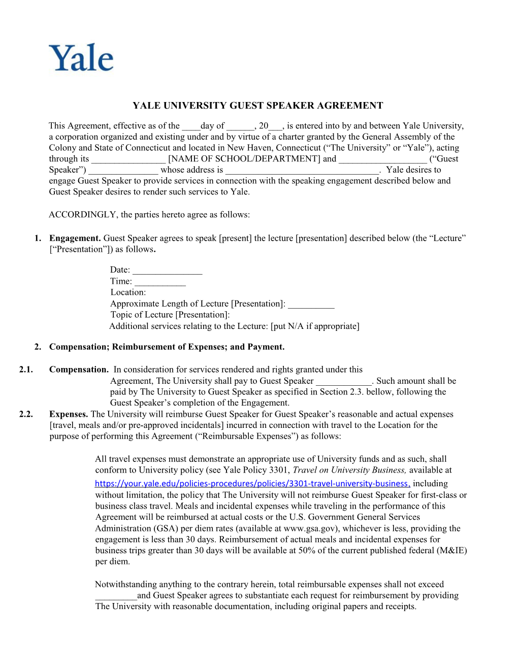 Yale University Guest Speaker Agreement