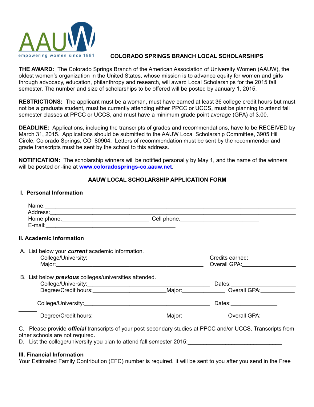 Aauw Local Scholarship Application Form