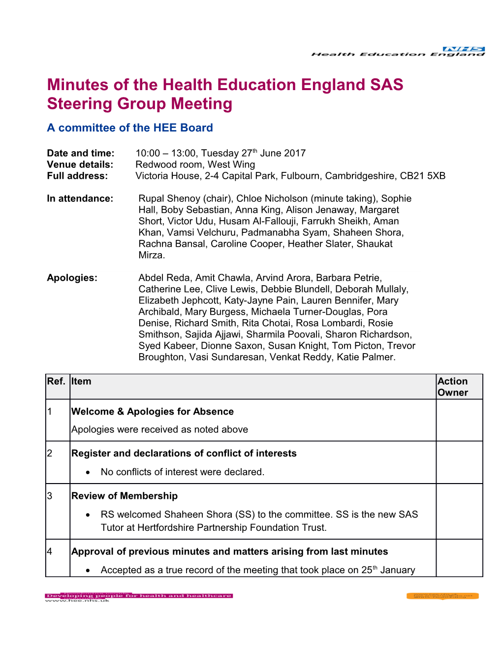 Minutes of the Health Education Englandsas Steering Group Meeting