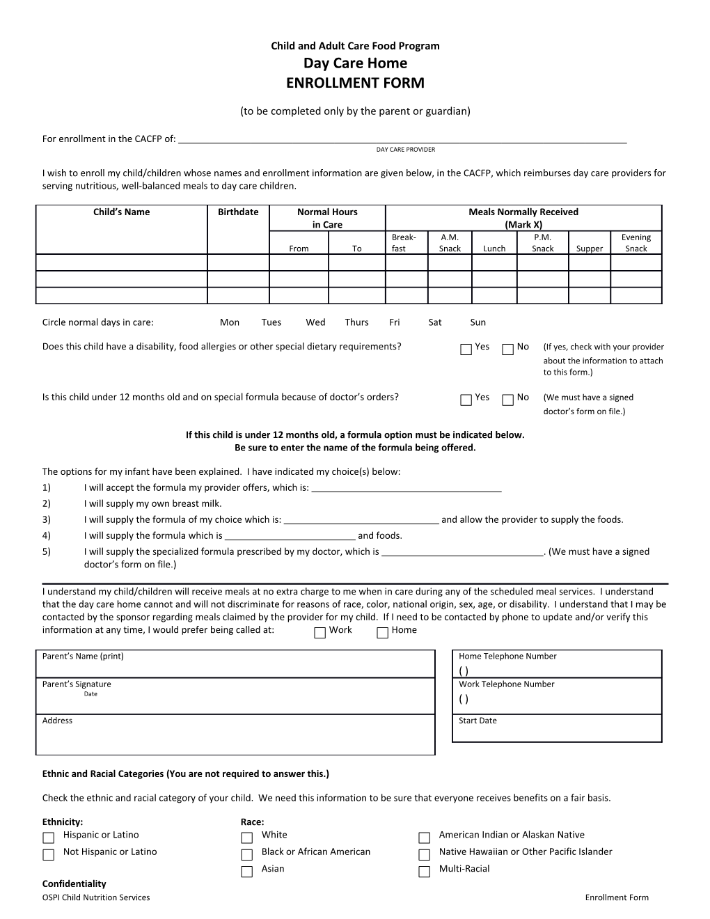 CACFP Enrollment Form