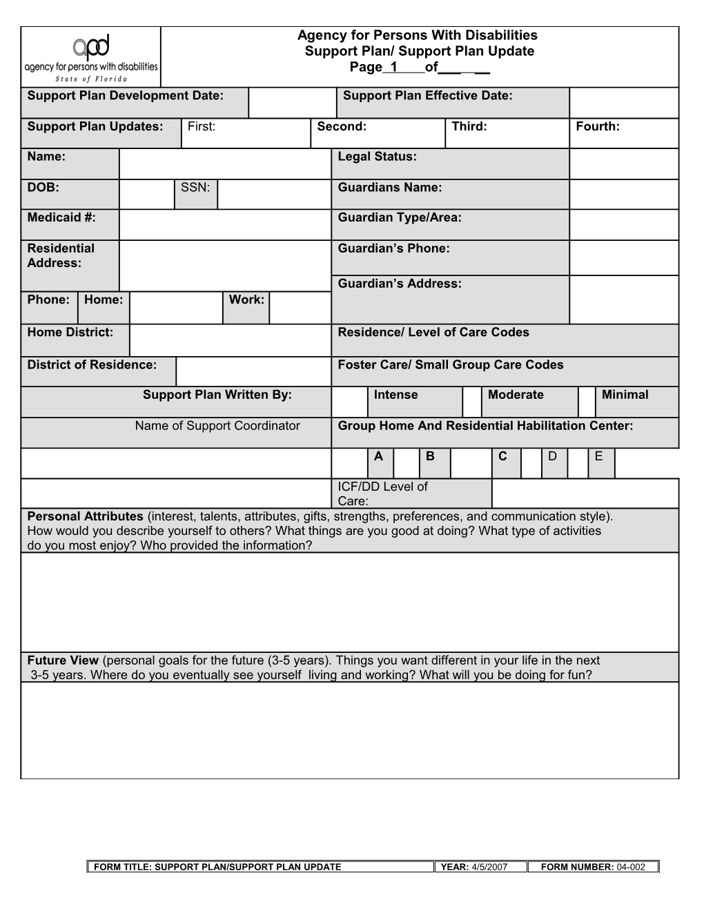 APDF 04-002 Support Plan / Support Plan Update