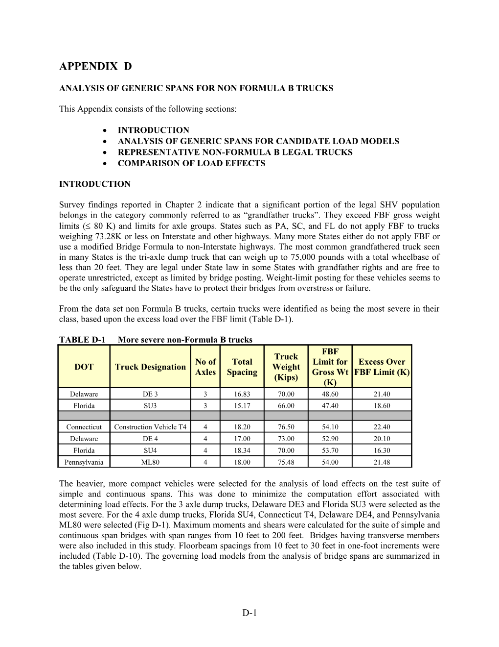 Analysis of Generic Spans for Non Formula B Trucks