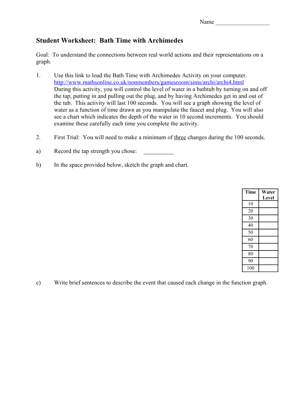 Student Instruction Sheet: Bath Time with Archimedes