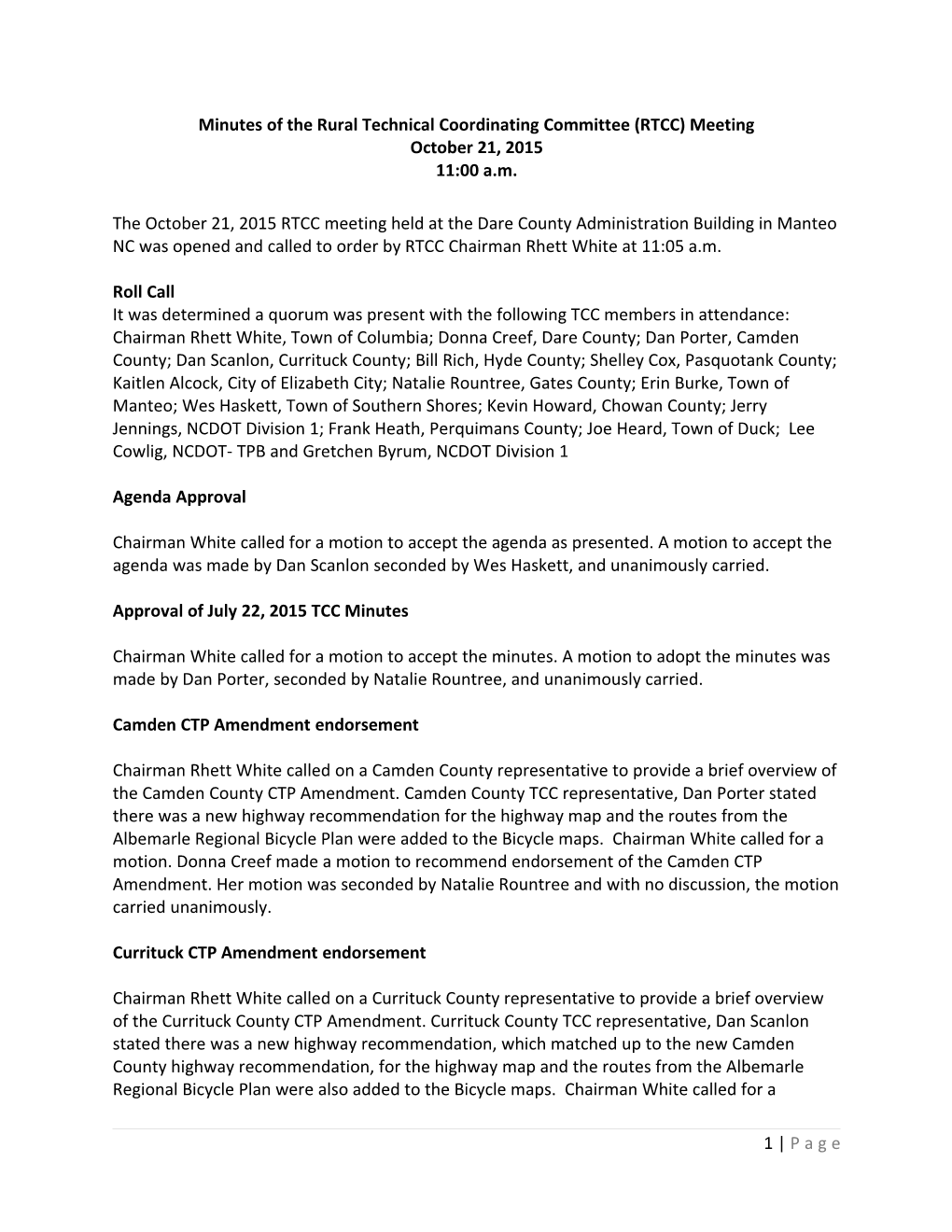 Minutes of the Rural Technical Coordinating Committee (RTCC) Meeting