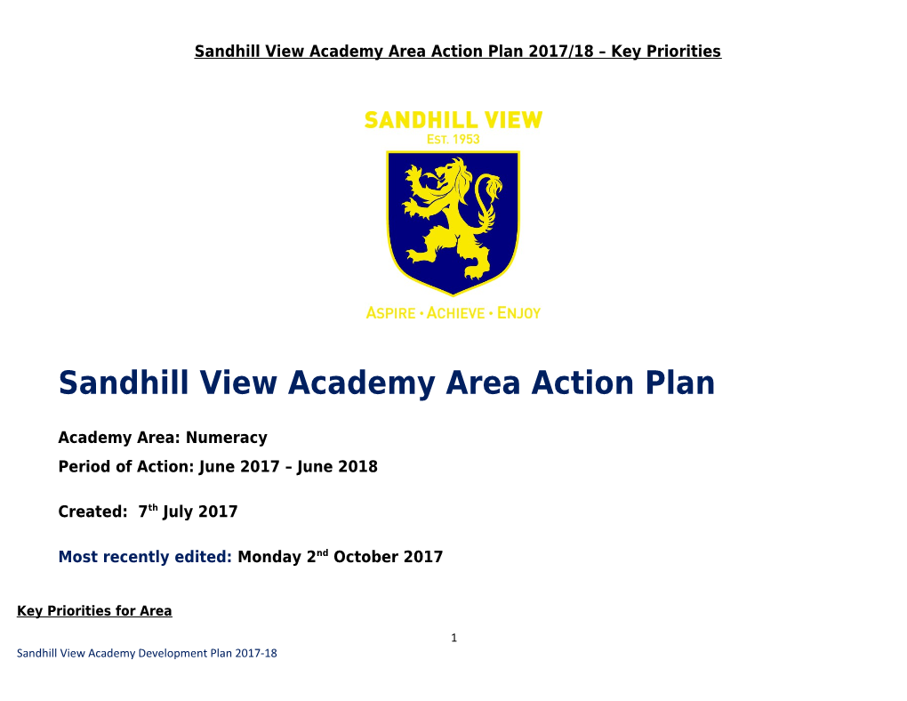 Sandhill View Academy Area Action Plan 2017/18 Key Priorities