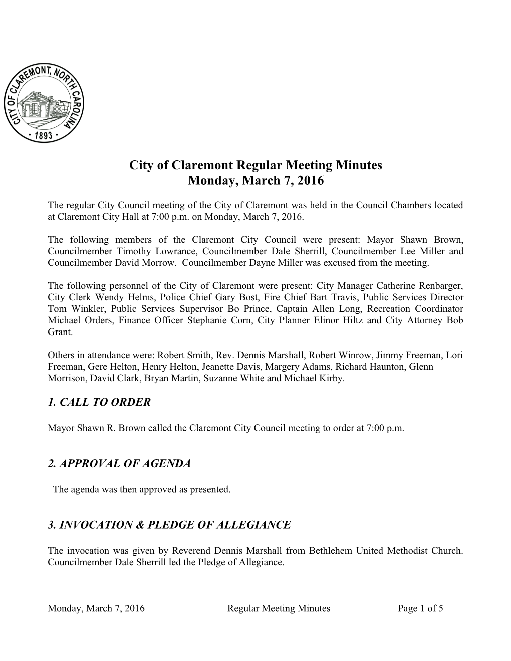 City of Claremont Regular Meeting Minutes