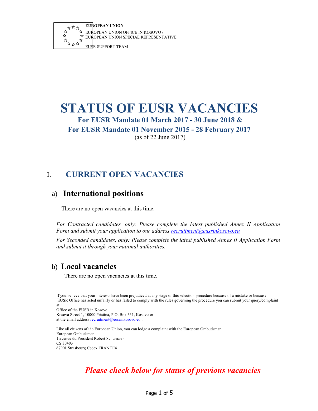 Status of Eusr Vacancies