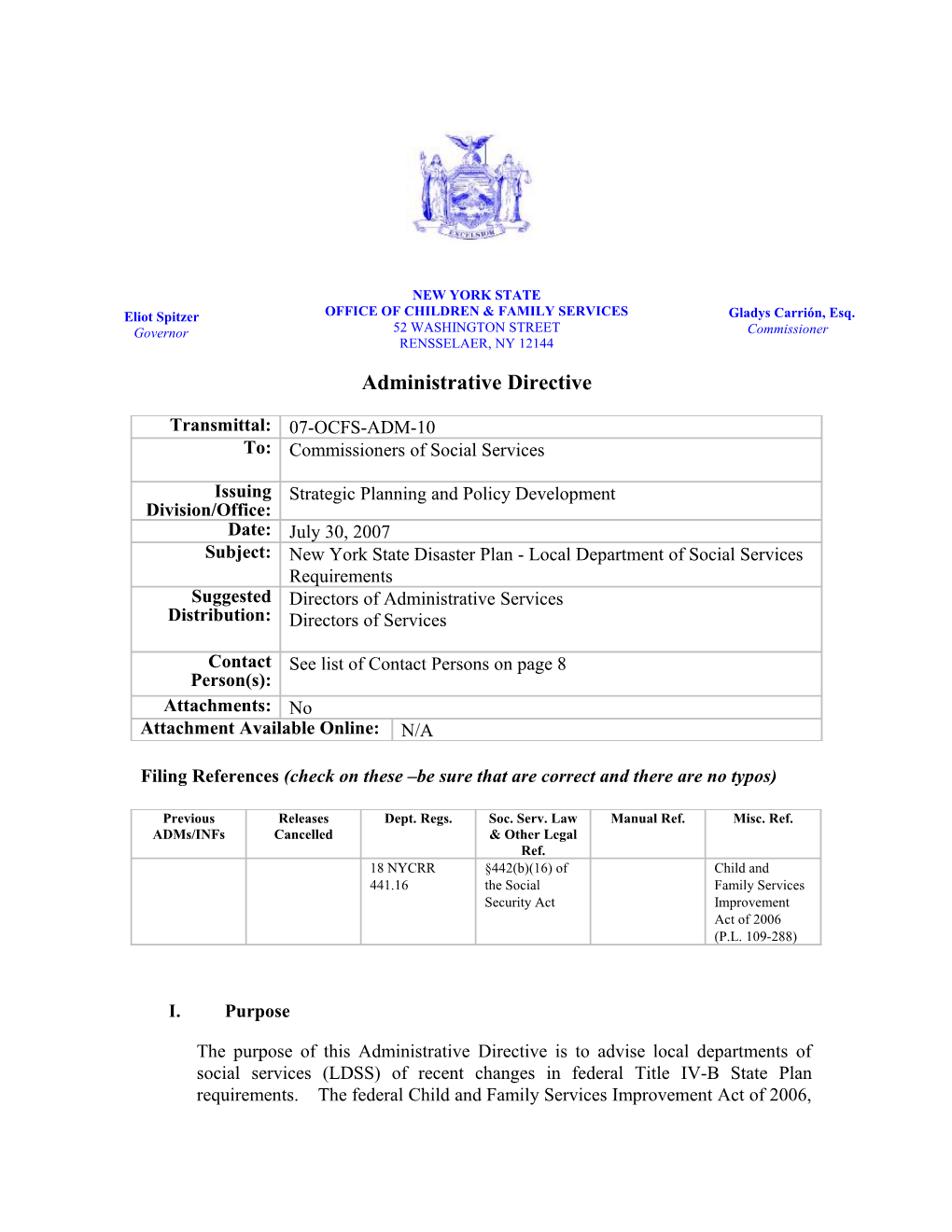 07-OCFS-ADM-10 New York State Disaster Plan - Local Department of Social Services Requirements