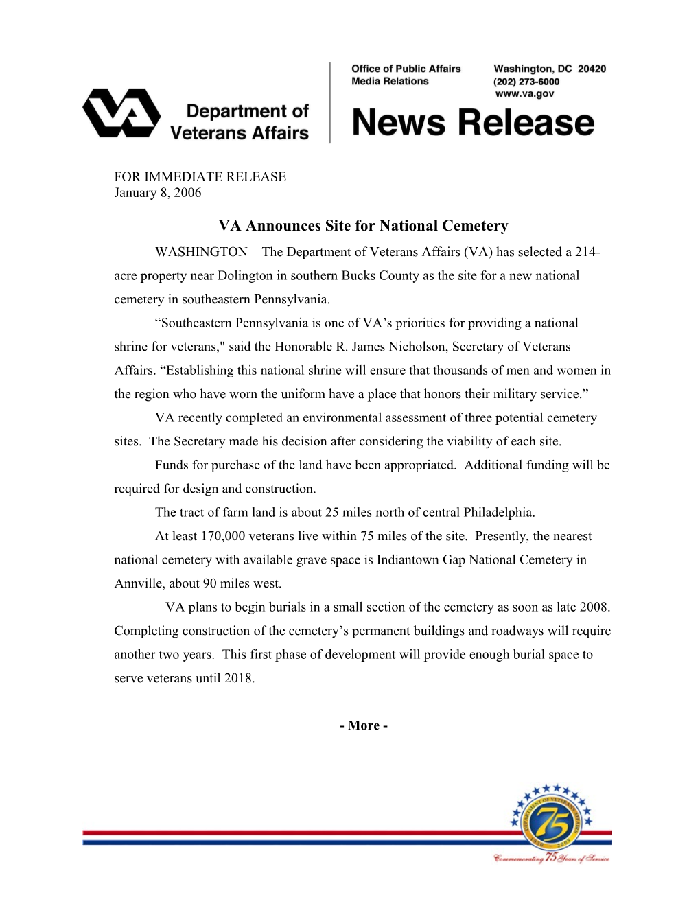 VA Announces Site for National Cemetery