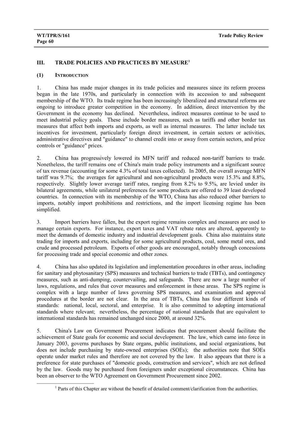 III.Trade Policies and Practices by Measure 1