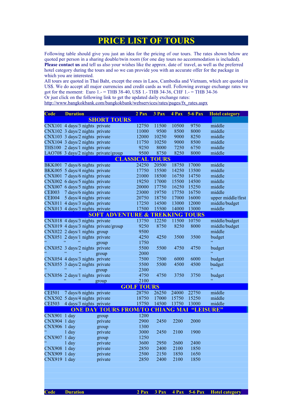 Price List of Tours